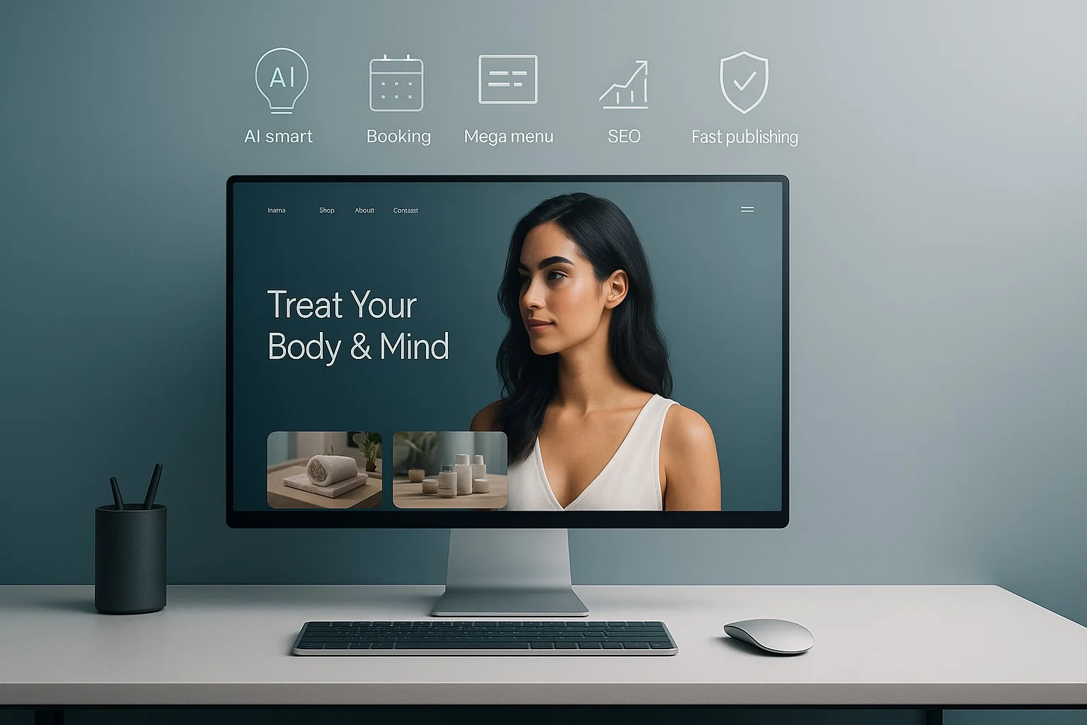 Un site créé avec TOWeb 14 sur un écran, avec ses nouveautés : IA, réservation, méga-menus, référencement