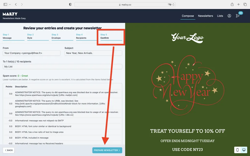 Mailzy newsletter creation confirmation screen