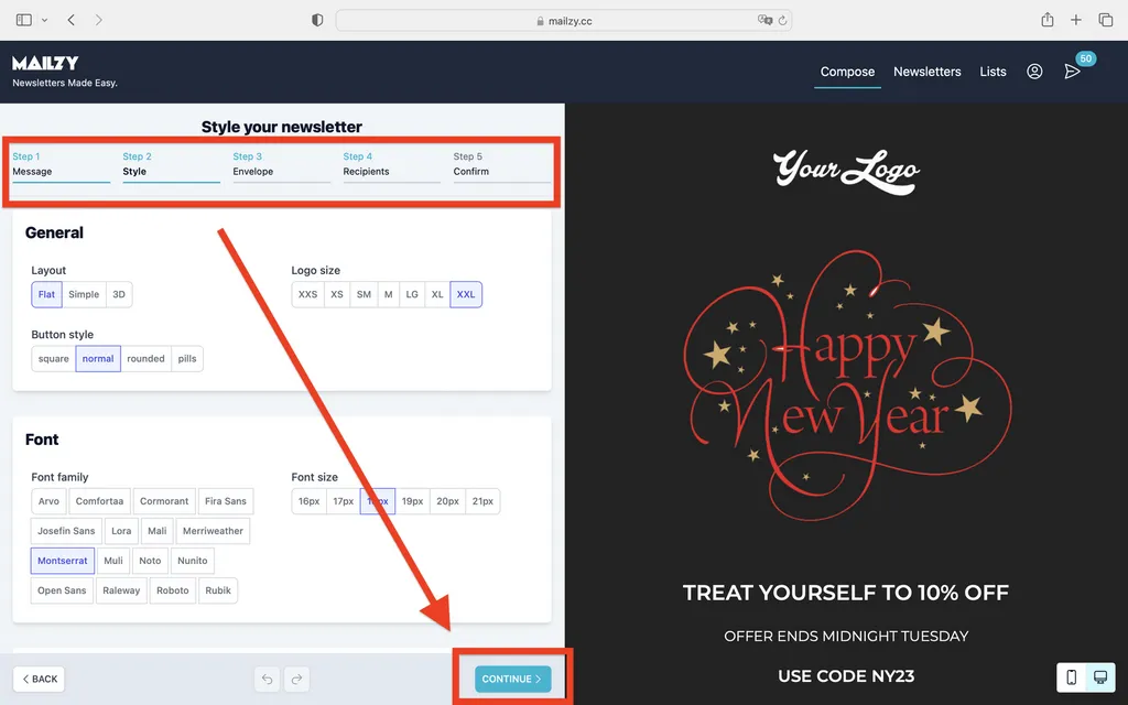 Screen for modifying the style of a Mailzy newsletter