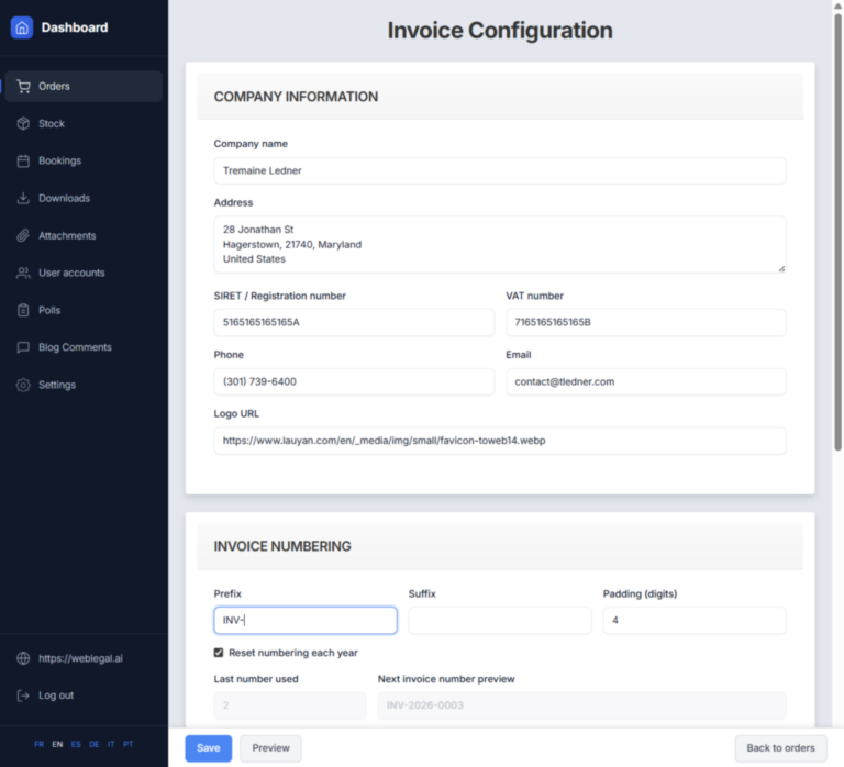 Configuring invoices from the back office of a TOWeb site